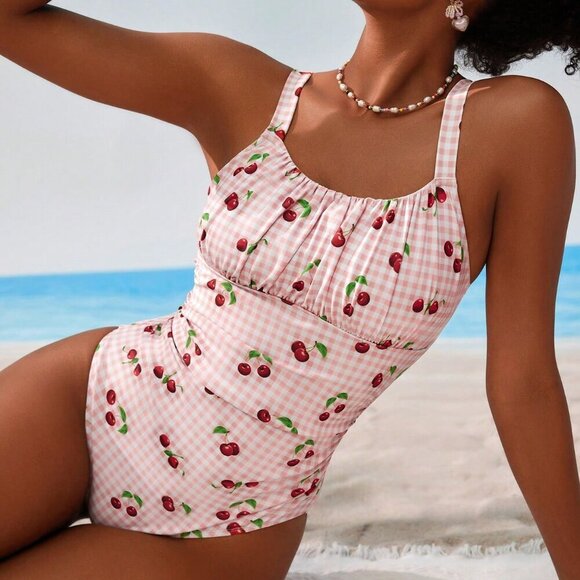 Multicolor Casual Women's Plaid Cherry Print One-Piece Swimsuit - Picture 6 of 6